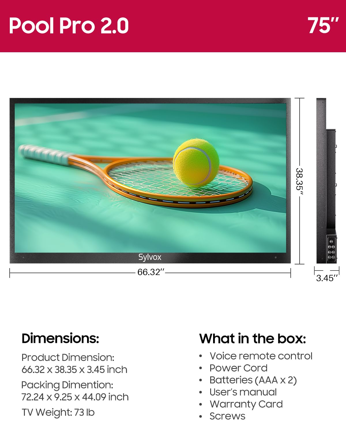 SYLVOX Outdoor TV, 65-Inch Waterproof Smart TV, 2000 nits Full Sun TV, 4K, Dolby Atmos, HDR10, Weatherproof Television with Voice Assistant Remote (Pool Pro 2.0, Latest Model)