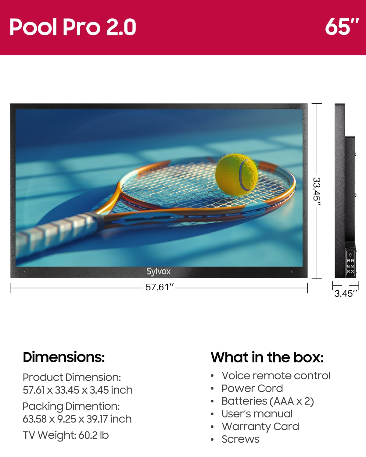 SYLVOX Outdoor TV, 65-Inch Waterproof Smart TV, 2000 nits Full Sun TV, 4K, Dolby Atmos, HDR10, Weatherproof Television with Voice Assistant Remote (Pool Pro 2.0, Latest Model)