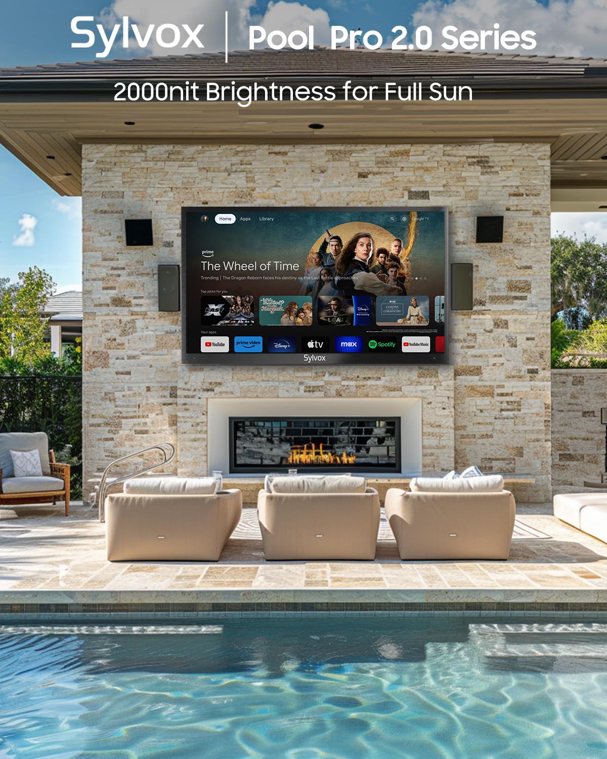 SYLVOX Outdoor TV, 65-Inch Waterproof Smart TV, 2000 nits Full Sun TV, 4K, Dolby Atmos, HDR10, Weatherproof Television with Voice Assistant Remote (Pool Pro 2.0, Latest Model)