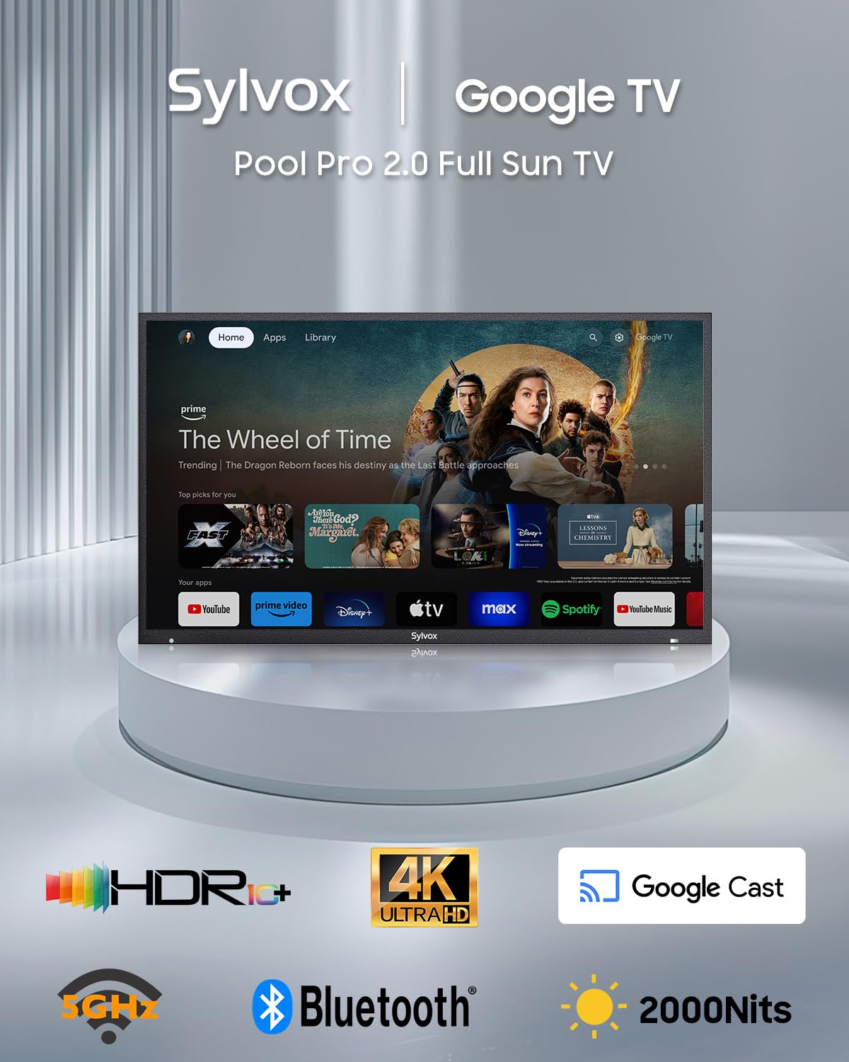 SYLVOX Outdoor TV, 65-Inch Waterproof Smart TV, 2000 nits Full Sun TV, 4K, Dolby Atmos, HDR10, Weatherproof Television with Voice Assistant Remote (Pool Pro 2.0, Latest Model)