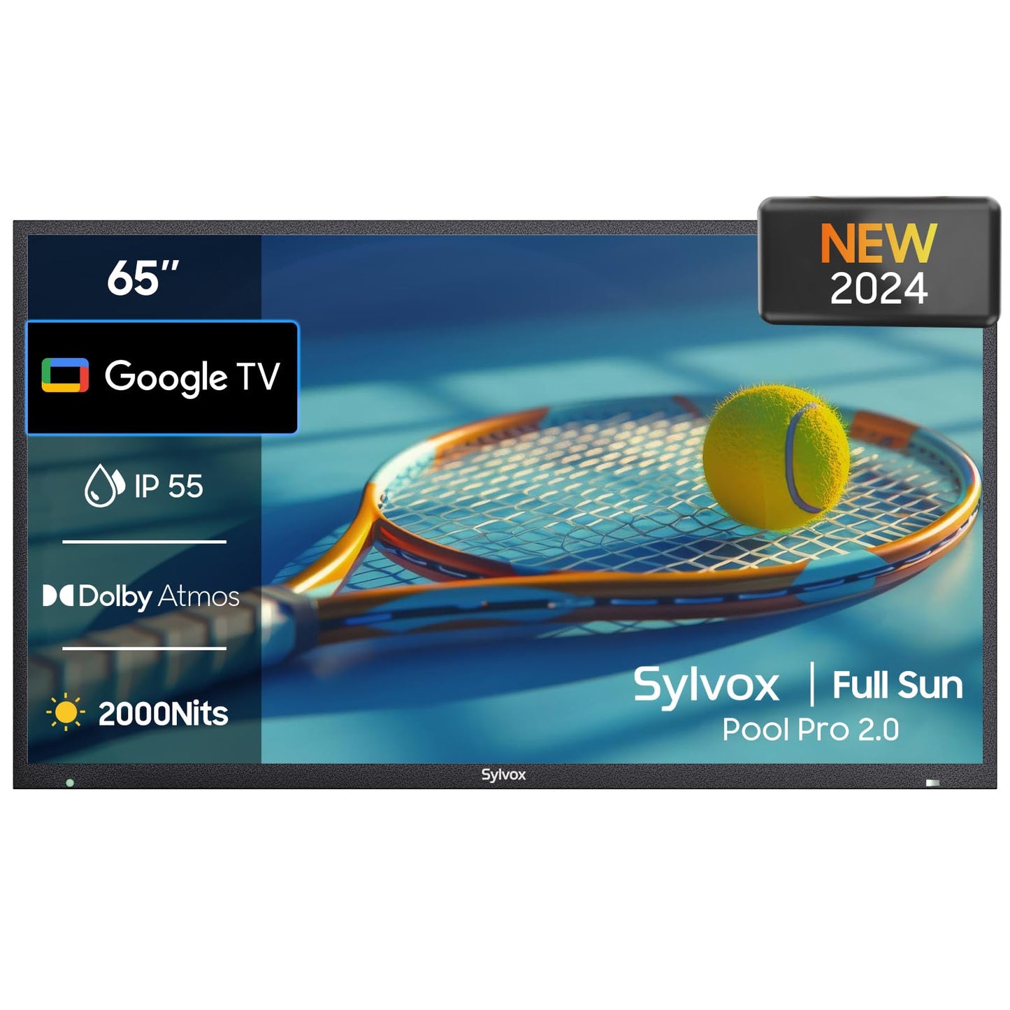 SYLVOX Outdoor TV, 65-Inch Waterproof Smart TV, 2000 nits Full Sun TV, 4K, Dolby Atmos, HDR10, Weatherproof Television with Voice Assistant Remote (Pool Pro 2.0, Latest Model)