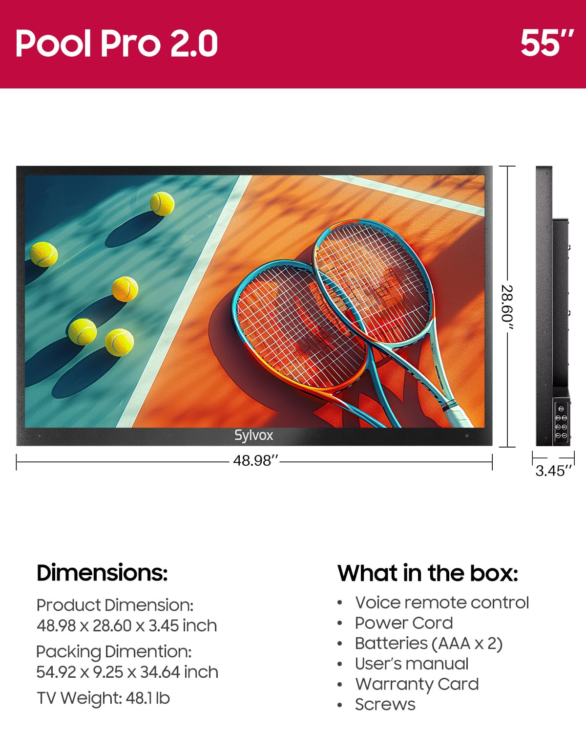 SYLVOX Outdoor TV, 65-Inch Waterproof Smart TV, 2000 nits Full Sun TV, 4K, Dolby Atmos, HDR10, Weatherproof Television with Voice Assistant Remote (Pool Pro 2.0, Latest Model)