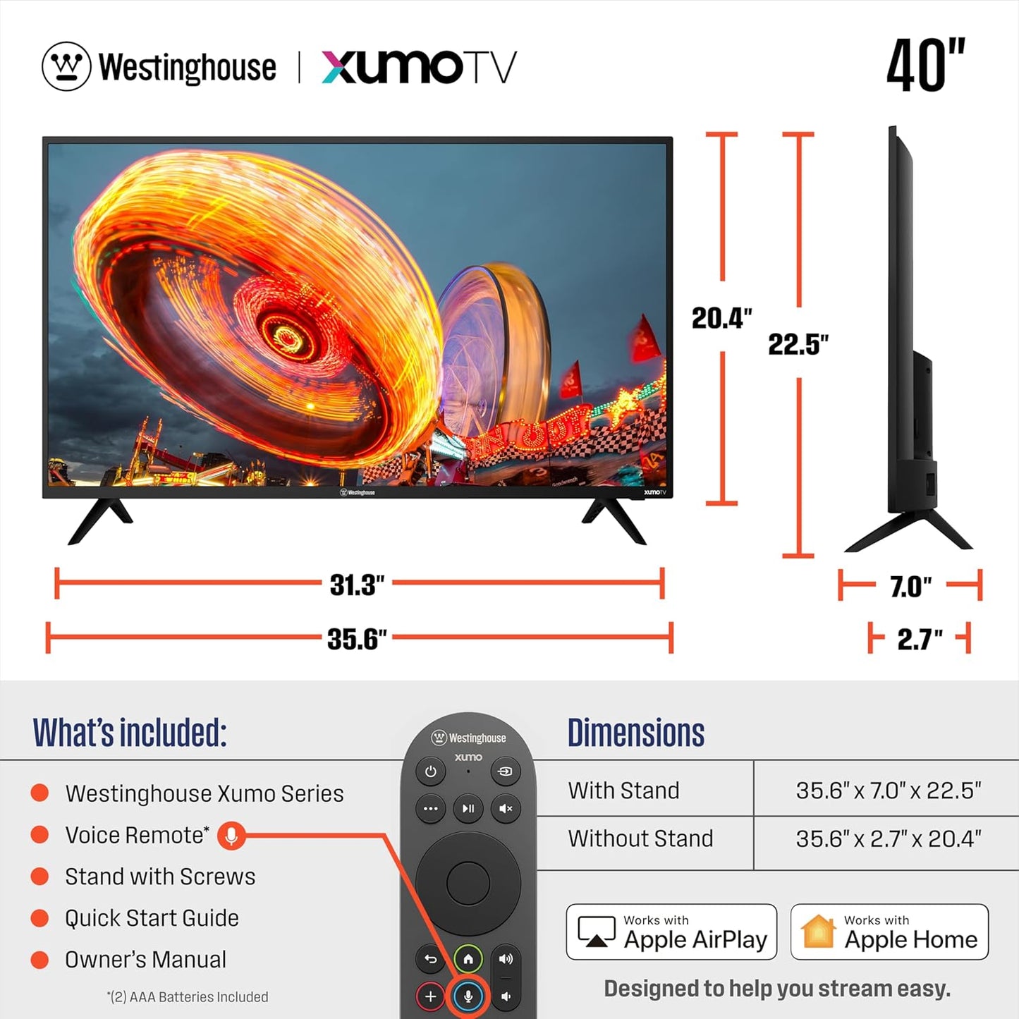 Westinghouse 40-inch Smart TV, FHD 1080P Xumo TV w/Voice Remote, Flat Screen LED Television w/Apple Home kit, Wi-Fi & Mobile Connectivity