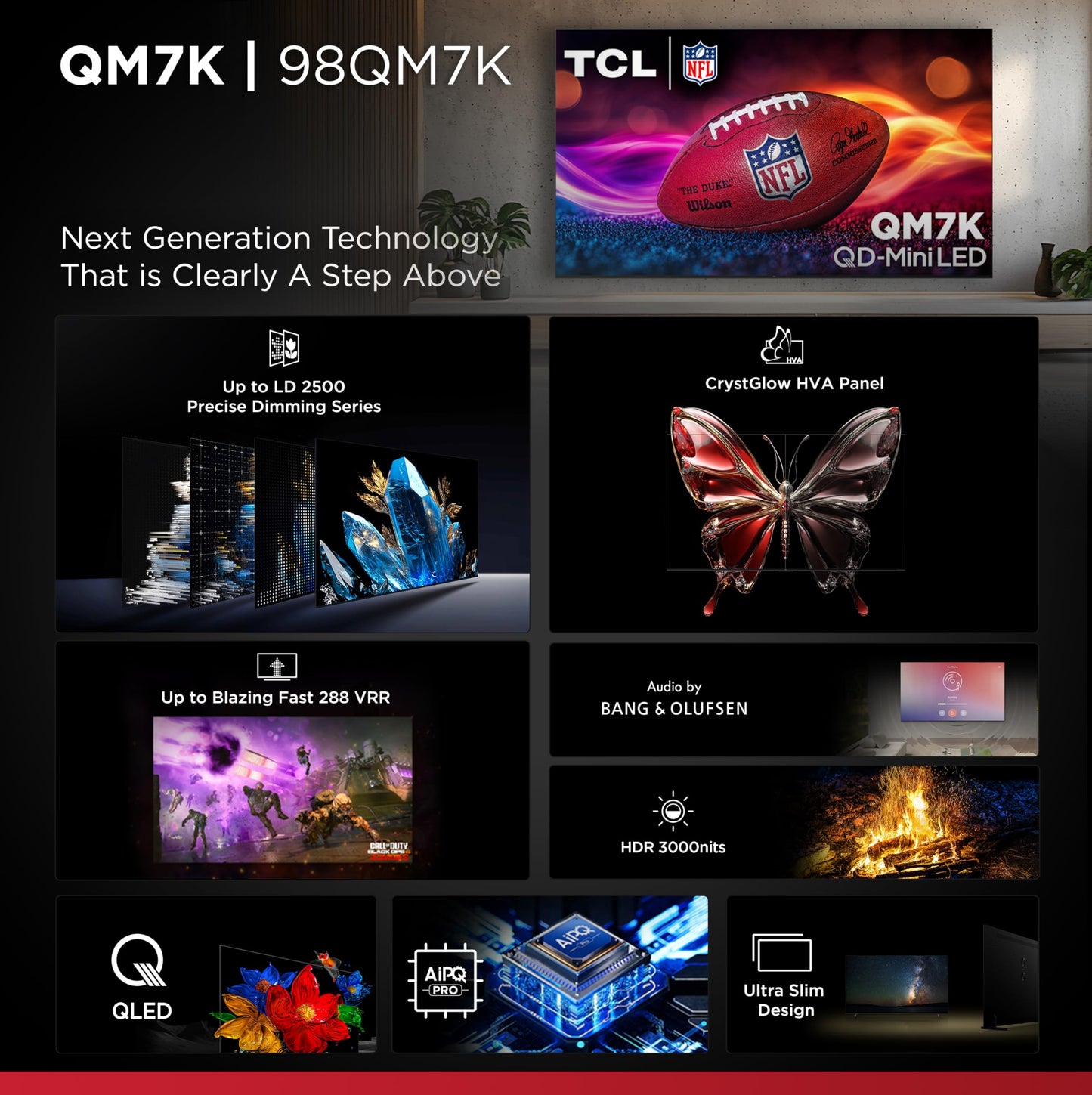 TCL 75-Inch Class QM7K Series QD-Mini LED 4K UHD Google Smart TV Best Premium Mini-LED TV - QLED, 144hz, 288hz Gaming Rate, Anti-Reflective Screen, Bang & Olufsen Audio, Atmos (75QM7K, 2025 Model)