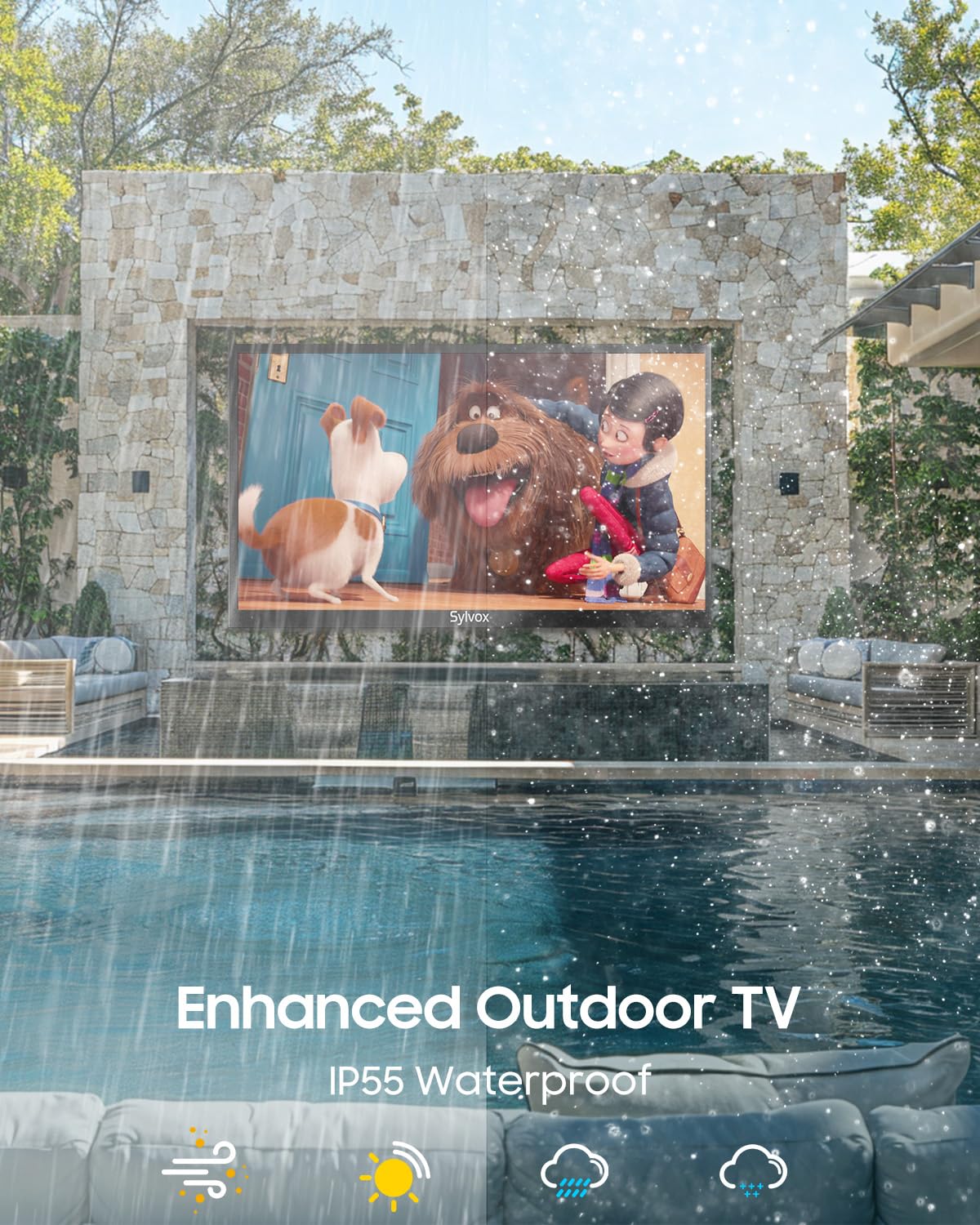 SYLVOX Outdoor TV, 65-Inch Waterproof Smart TV, 2000 nits Full Sun TV, 4K, Dolby Atmos, HDR10, Weatherproof Television with Voice Assistant Remote (Pool Pro 2.0, Latest Model)
