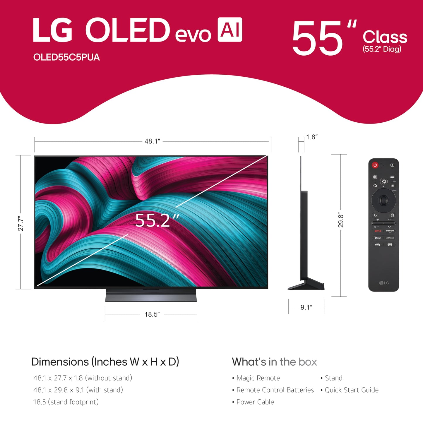 LG 55-Inch Class OLED evo AI 4K C5 Series Smart TV w/Dolby Atmos, Dolby Vision, HDR10, AI Super Upscaling 4K, Filmmaker Mode, Wow Orchestra, Alexa Built-in (OLED55C5PUA, 2025)