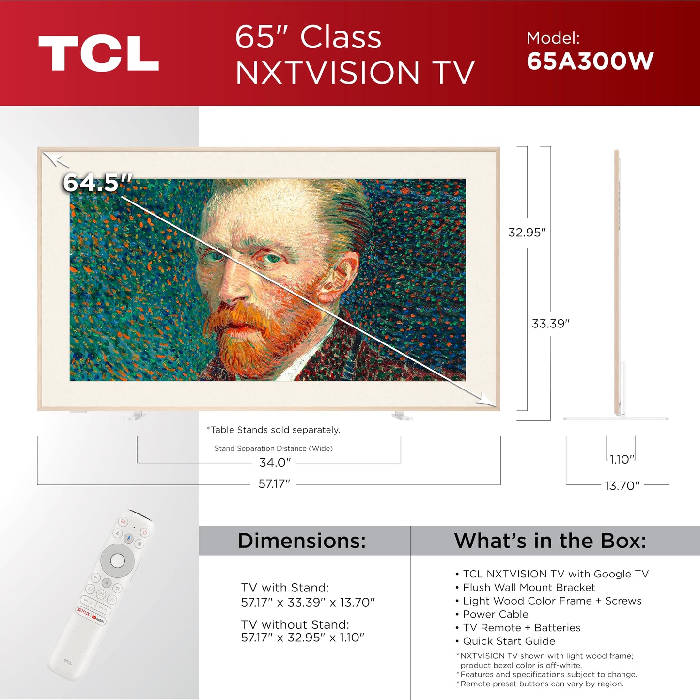 TCL 65-Inch Class NXTVISION Series QLED 4K UHD Google Smart TV Canvas Style Art Frame TV - QLED, 120hz, Matte Anti-Glare Screen, Free Bezel and Frame, Atmos, Free Art Included (65A300W, 2024 Model)