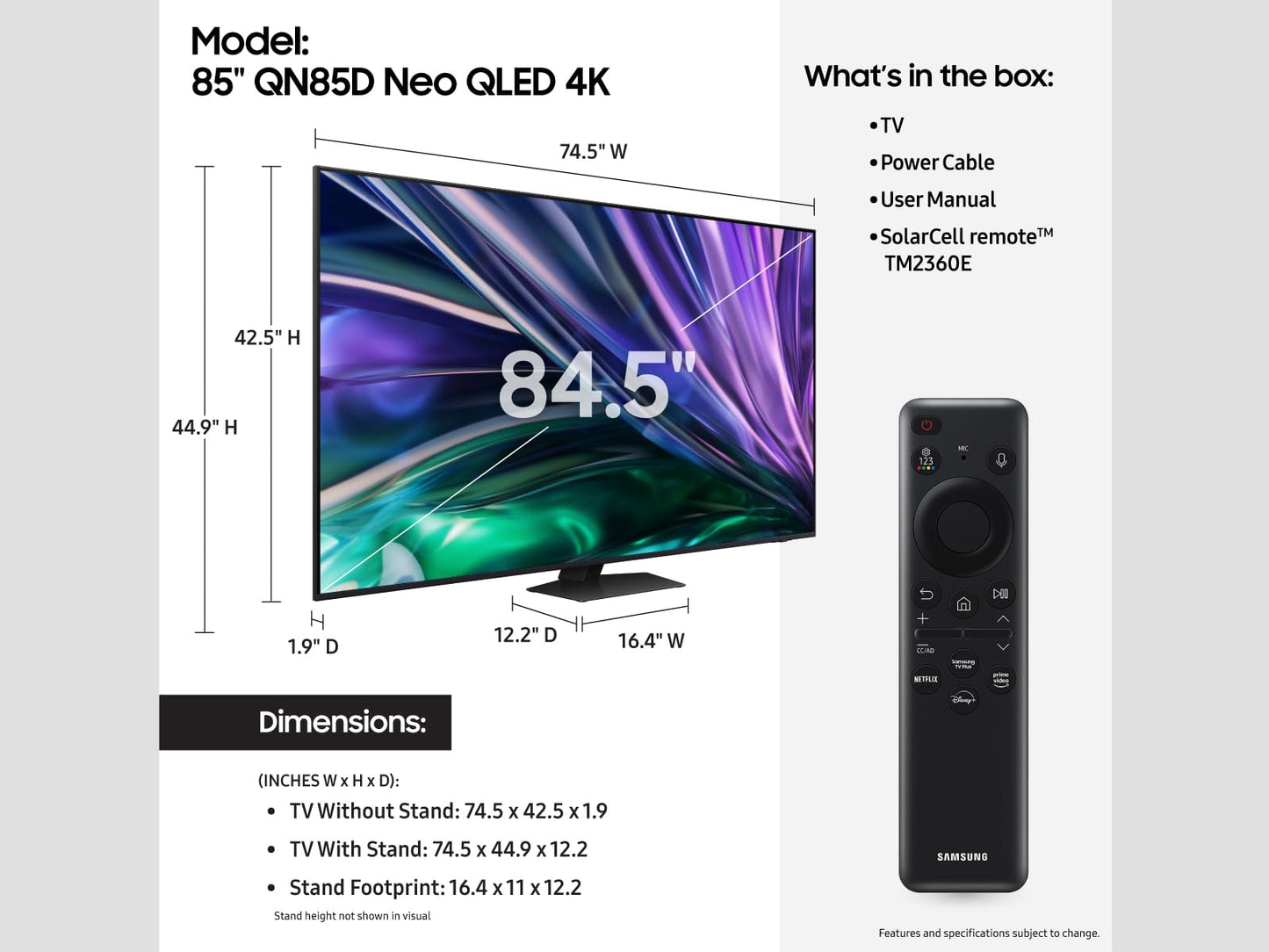 Samsung 75-Inch Class QLED 4K QN85D Series Mini LED, Neo Quantum HDR Smart TV w/Dolby Atmos, Object Tracking Sound Lite, Real Depth Enhancer Pro, Alexa Built-in (QN75QN85D, 2024 Model)