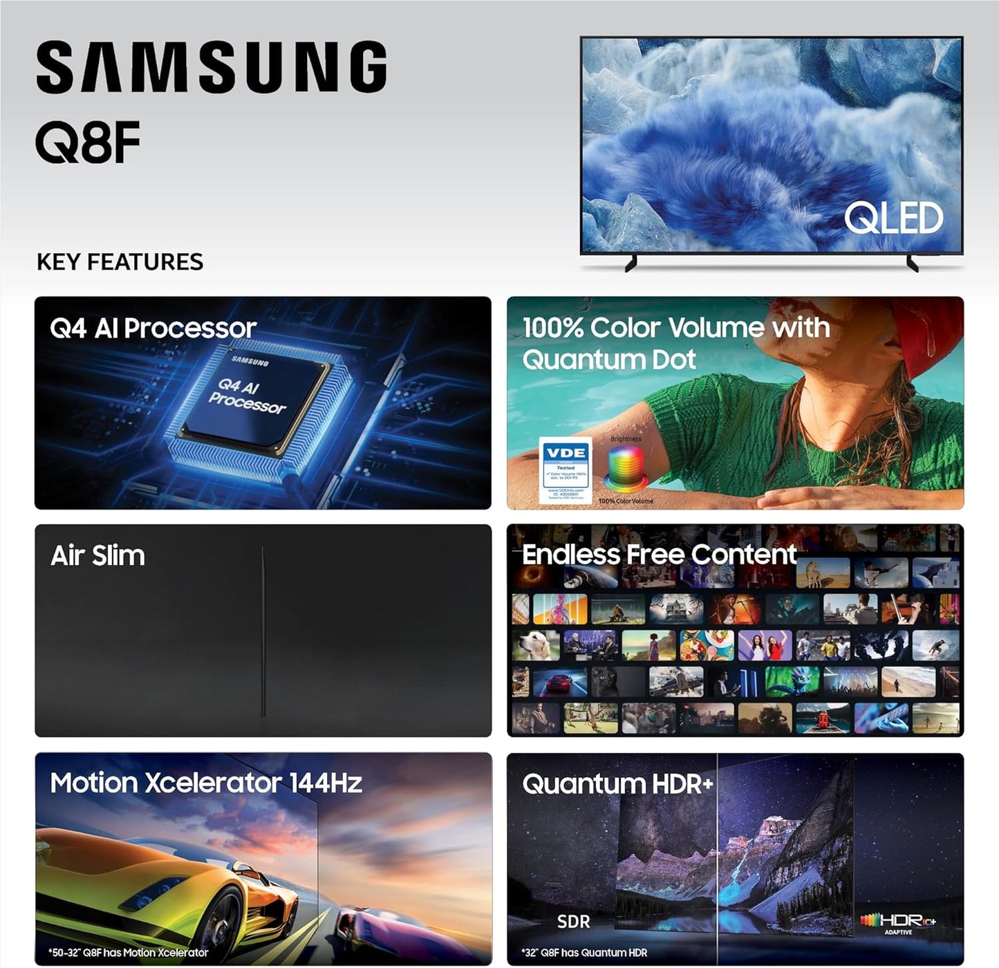SAMSUNG 32-Inch Class QLED Q8F 4K UHD Smart TV (2025 Model) Q4 AI Processor, 100% Color Volume with Quantum Dot, AirSlim Design, Endless Free Content, Samsung Vision AI, Alexa Built-in